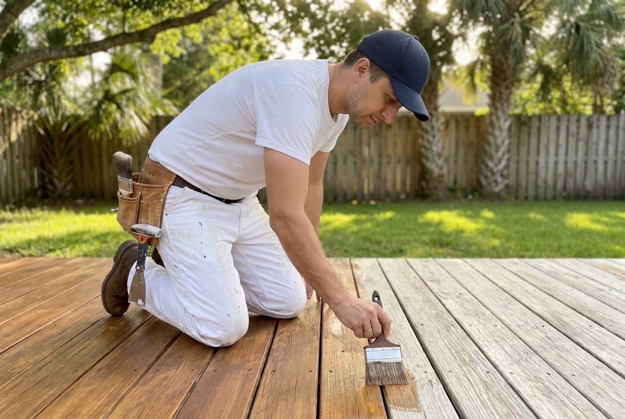 Applying semi-transparent stain to a backyard wood deck